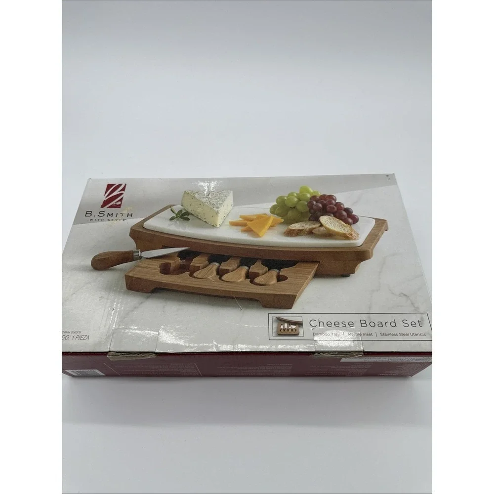 New In Box-B. Smith Cheese Board Set W/Marble Top & Bamboo Tray + 4 Utensils